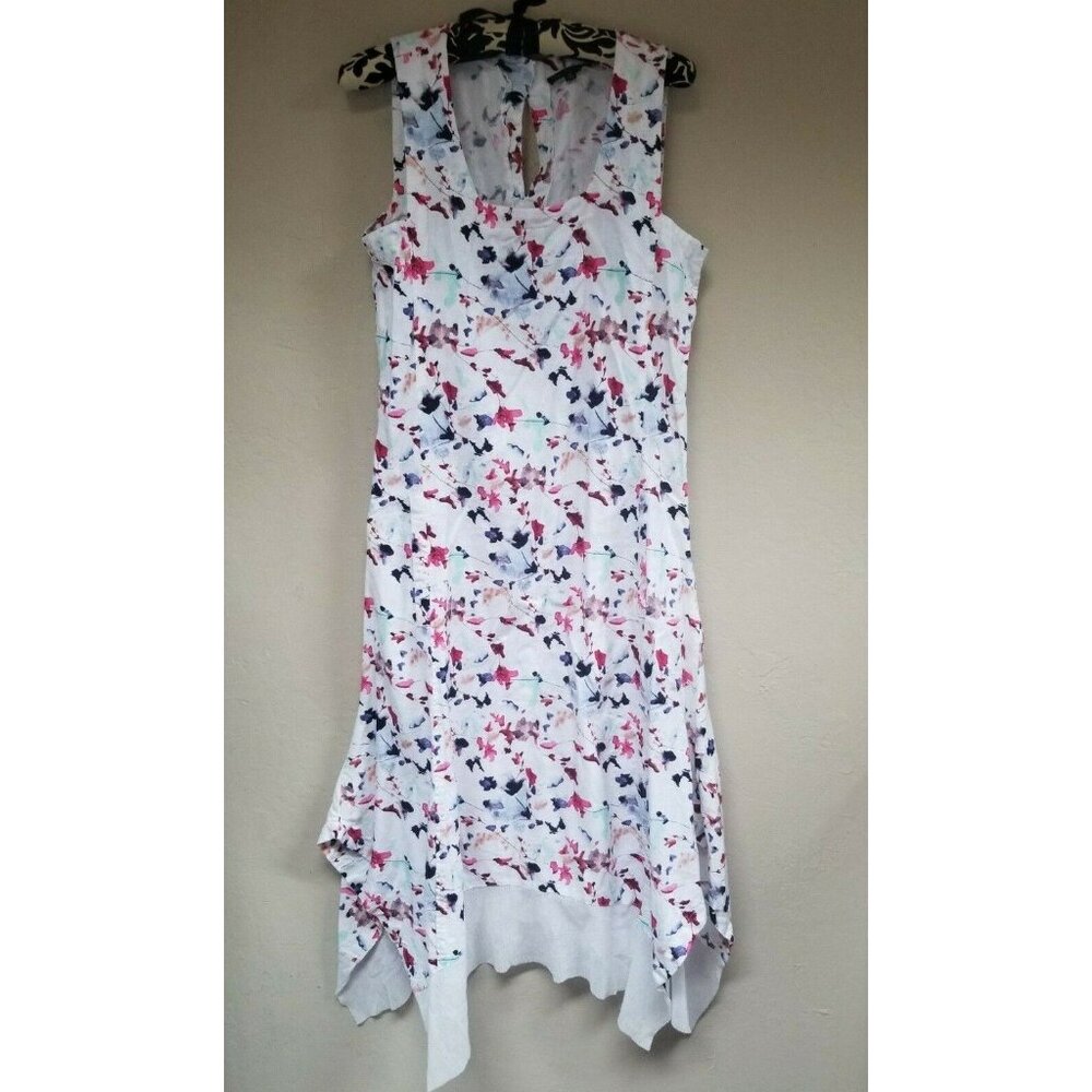 For Cynthia Linen Viscose Floral Swing Midi Dress Medium Square Neck Sleeveless